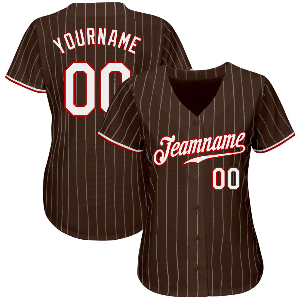 Custom Brown White Pinstripe White-Red Authentic Baseball Jersey