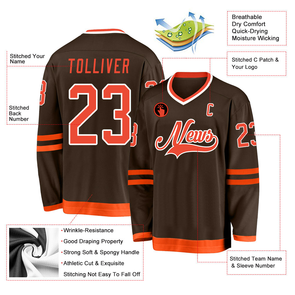 Custom Brown Orange-White Hockey Jersey