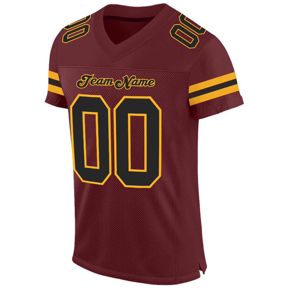 Custom Burgundy Black-Gold Mesh Authentic Football Jersey