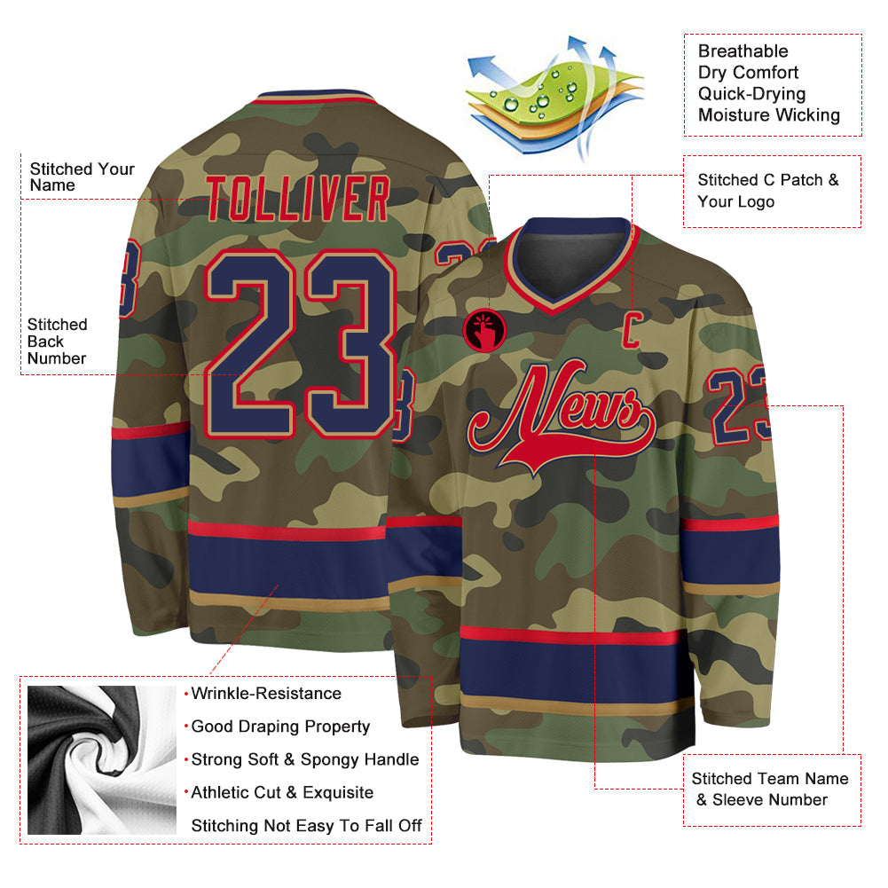 Custom Camo Navy-Red Salute To Service Hockey Jersey