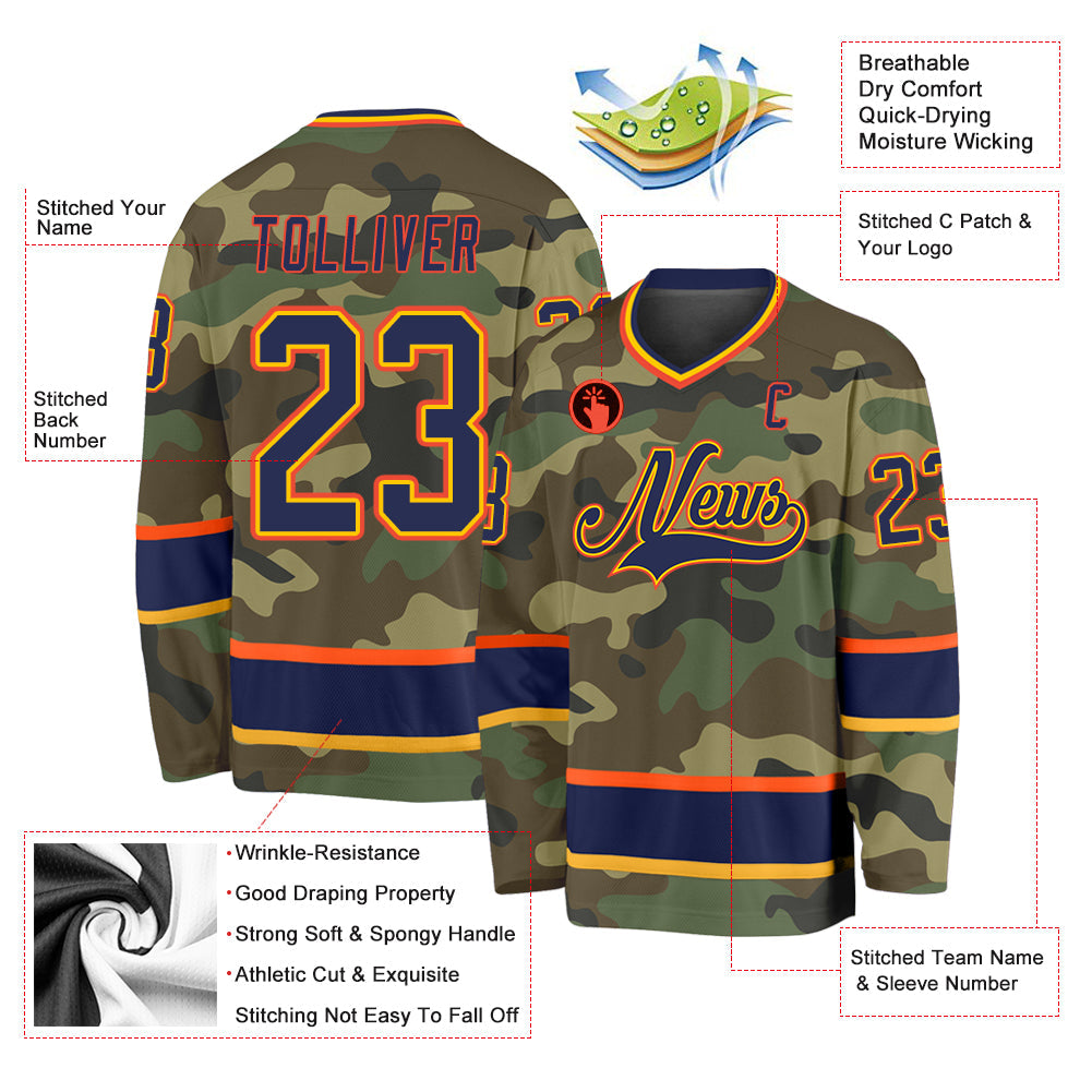 Custom Camo Navy-Orange Salute To Service Hockey Jersey