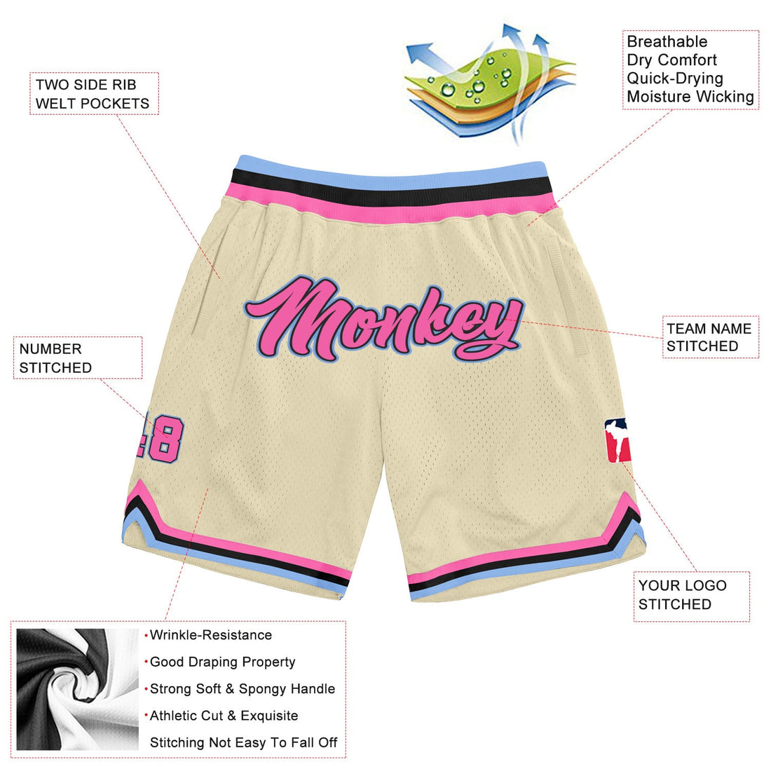 Custom Cream Pink-Light Blue Authentic Throwback Basketball Shorts