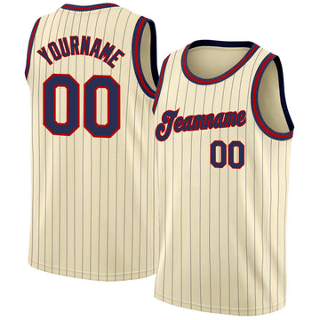 Custom Cream Navy Pinstripe Navy-Red Authentic Basketball Jersey