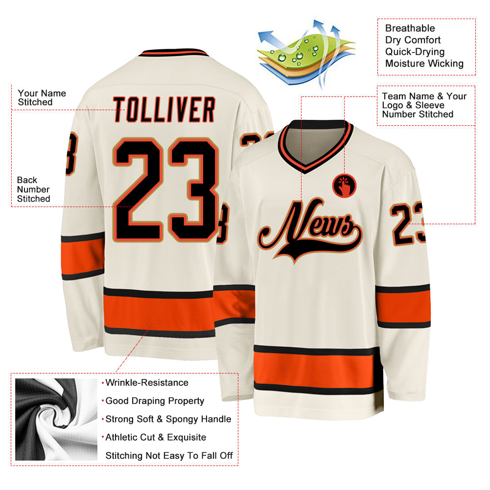 Custom Cream Black-Orange Hockey Jersey