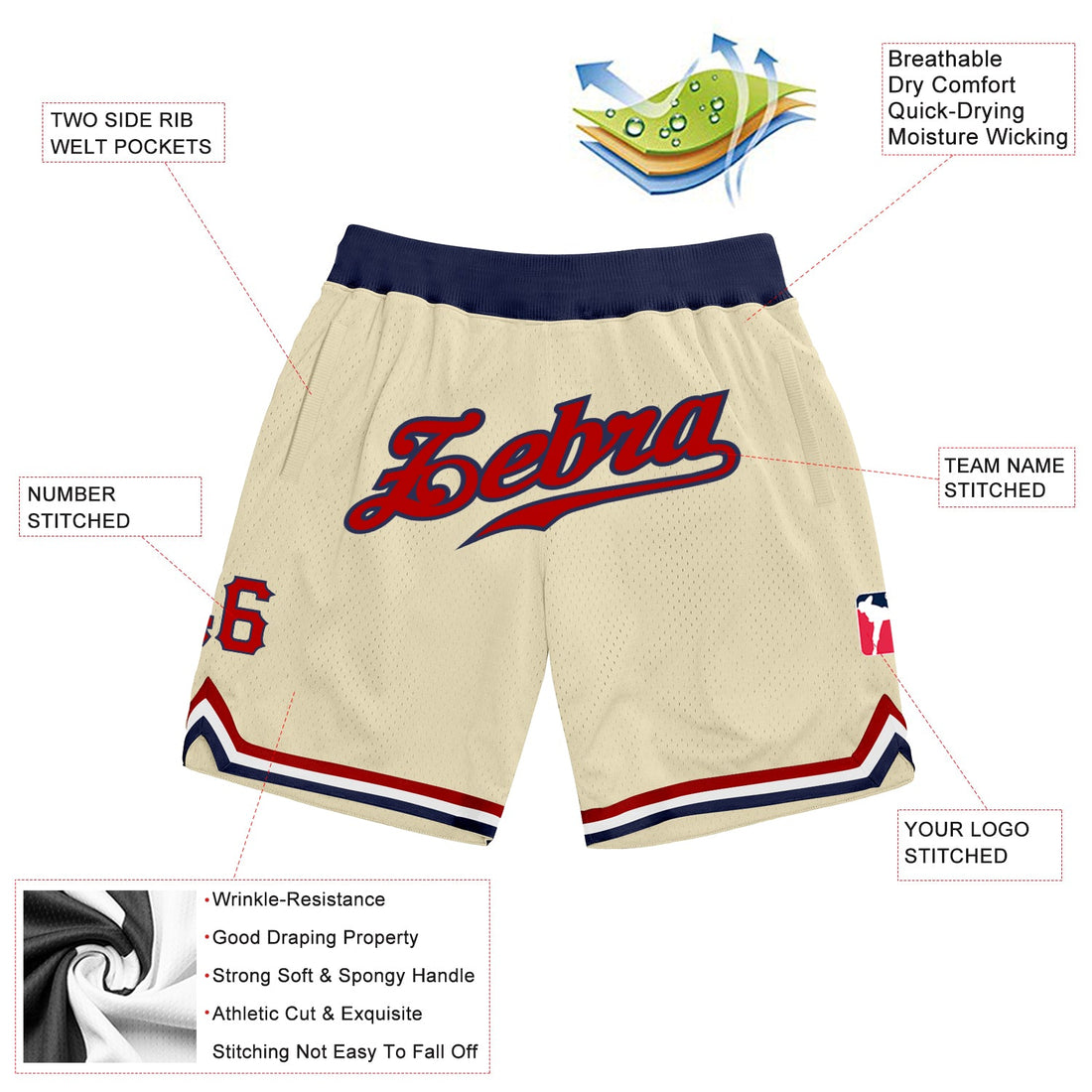 Custom Cream Red-Navy Authentic Throwback Basketball Shorts