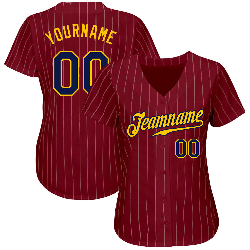 Custom Crimson Cream Pinstripe Navy-Gold Authentic Baseball Jersey