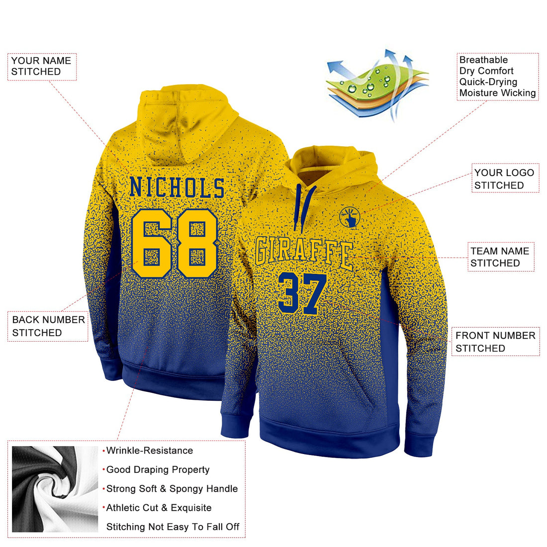 Custom Stitched Royal Gold Fade Fashion Sports Pullover Sweatshirt Hoodie