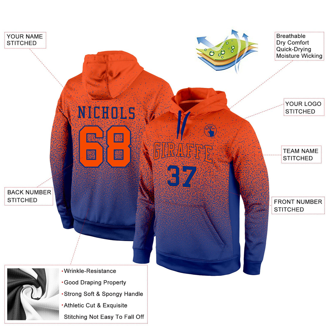 Custom Stitched Royal Orange Fade Fashion Sports Pullover Sweatshirt Hoodie