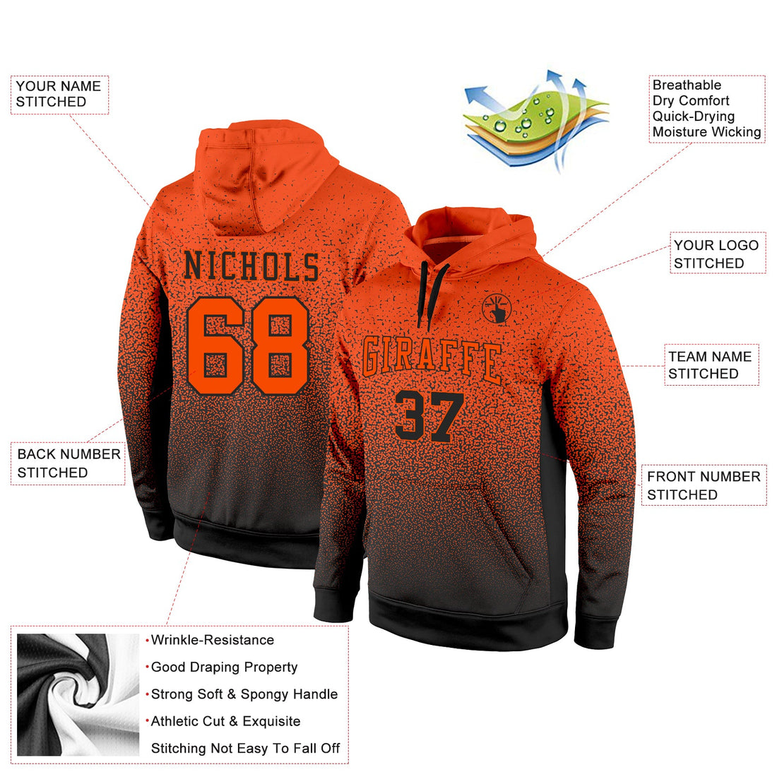 Custom Stitched Black Orange Fade Fashion Sports Pullover Sweatshirt Hoodie