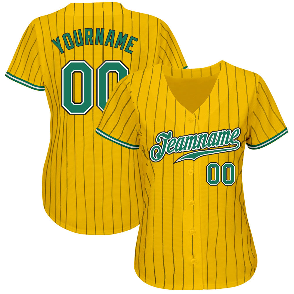 Custom Yellow Black Pinstripe Kelly Green-White Authentic Baseball Jersey