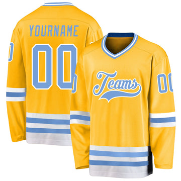 Custom Gold Light Blue-White Hockey Jersey