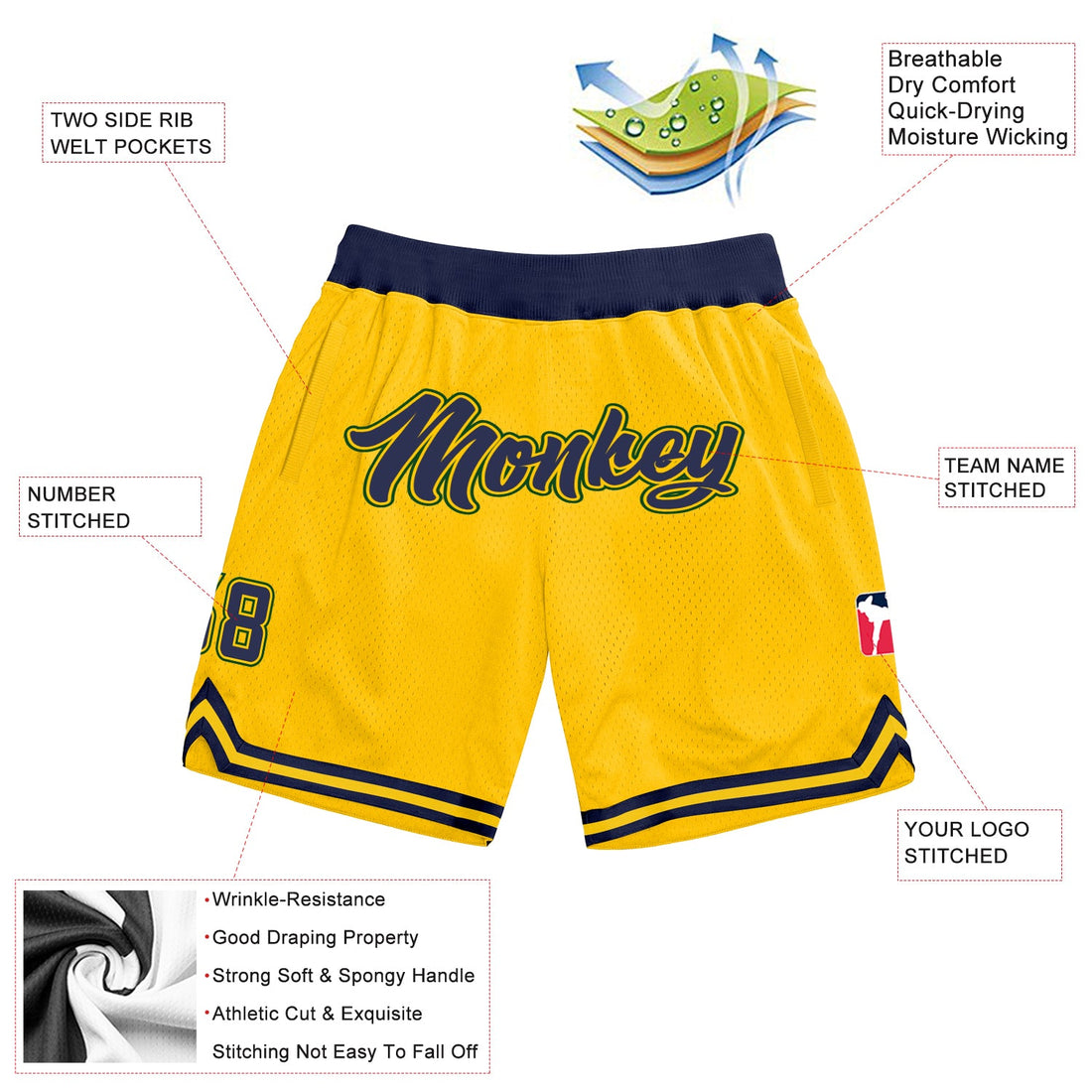 Custom Gold Navy-Hunter Green Authentic Throwback Basketball Shorts