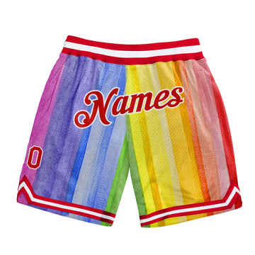 Custom Gold Red-White 3D Pattern Design Rainbow Authentic Basketball Shorts