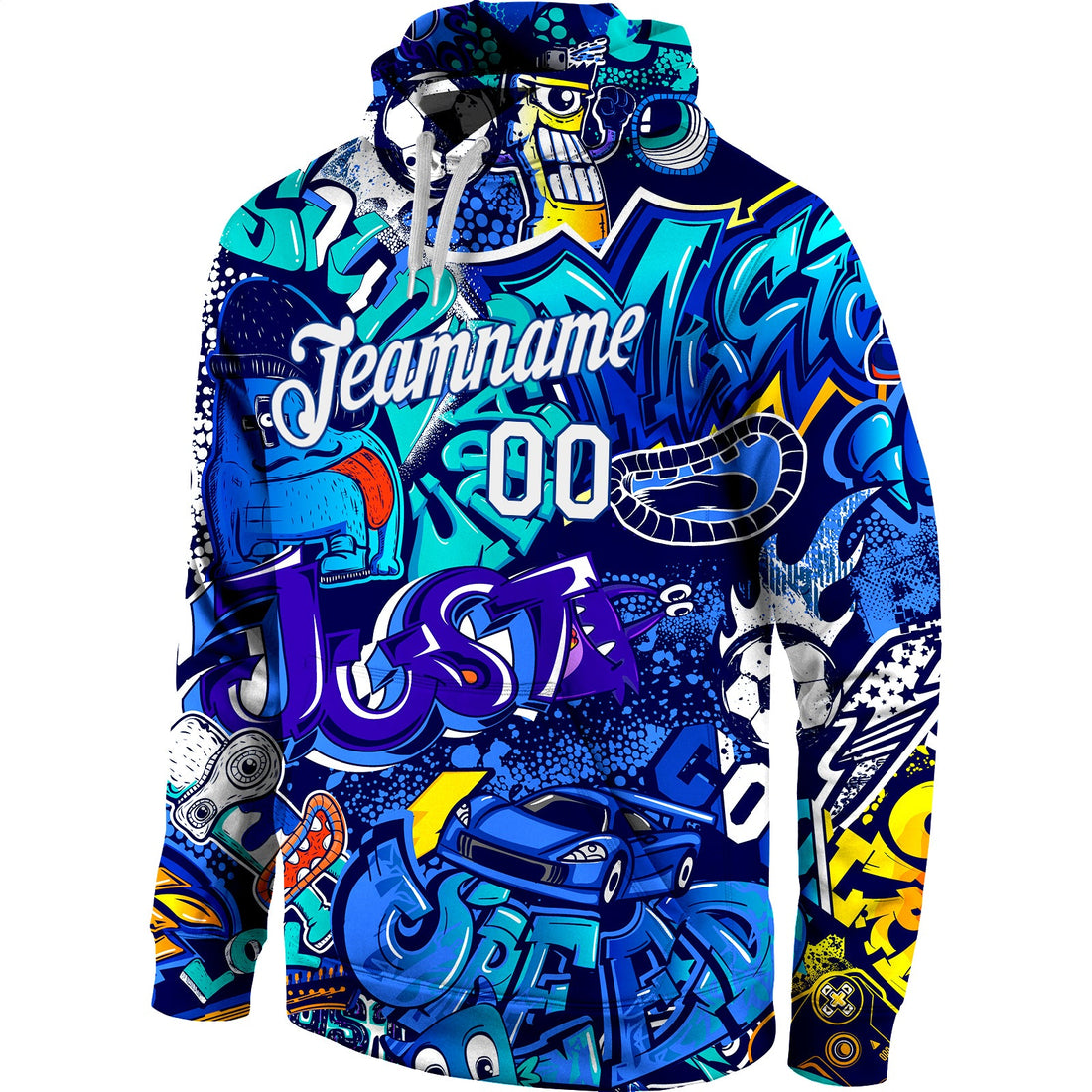 Custom Stitched Graffiti Pattern White-Royal 3D Sports Pullover Sweatshirt Hoodie