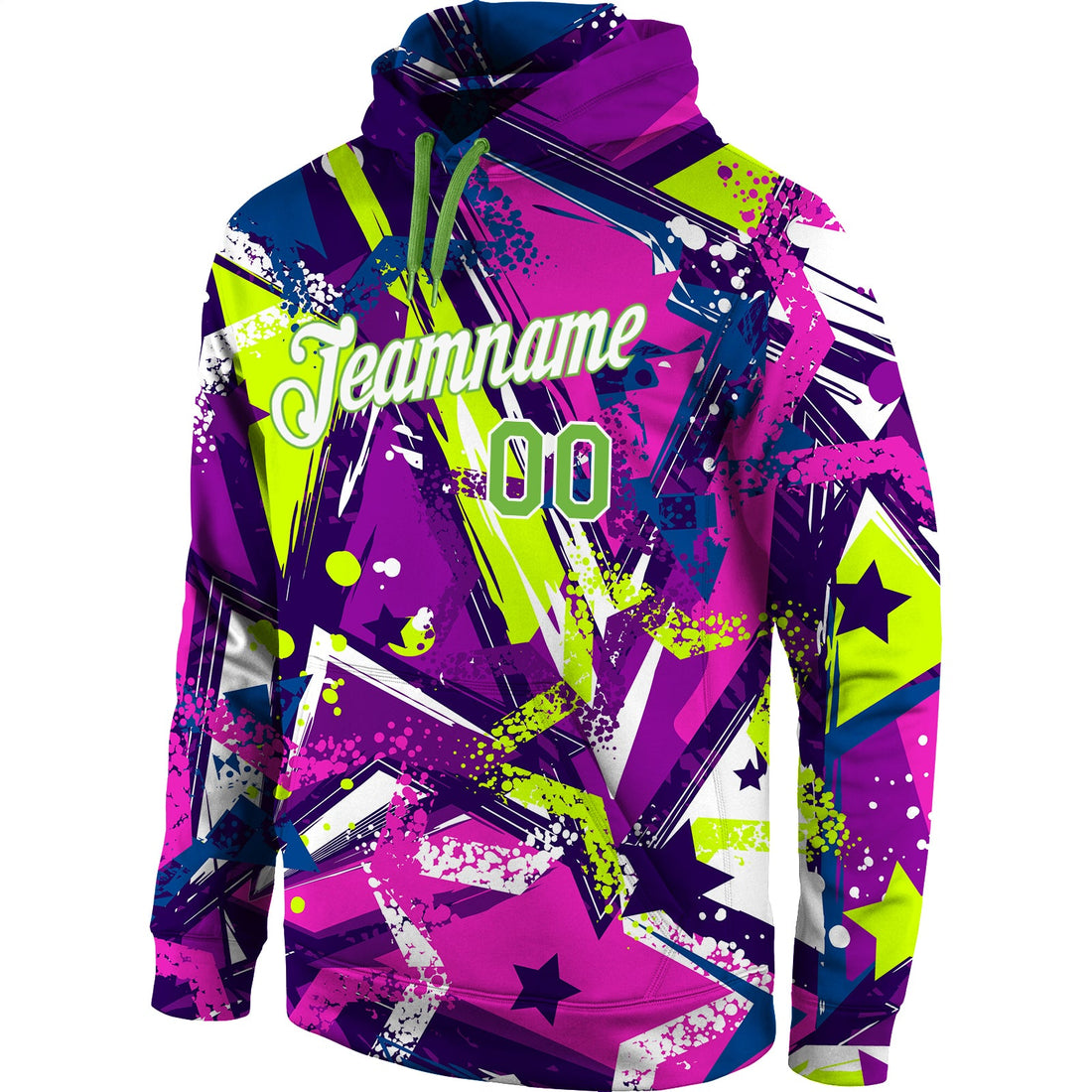 Custom Stitched Graffiti Pattern Neon Green-White 3D Sports Pullover Sweatshirt Hoodie