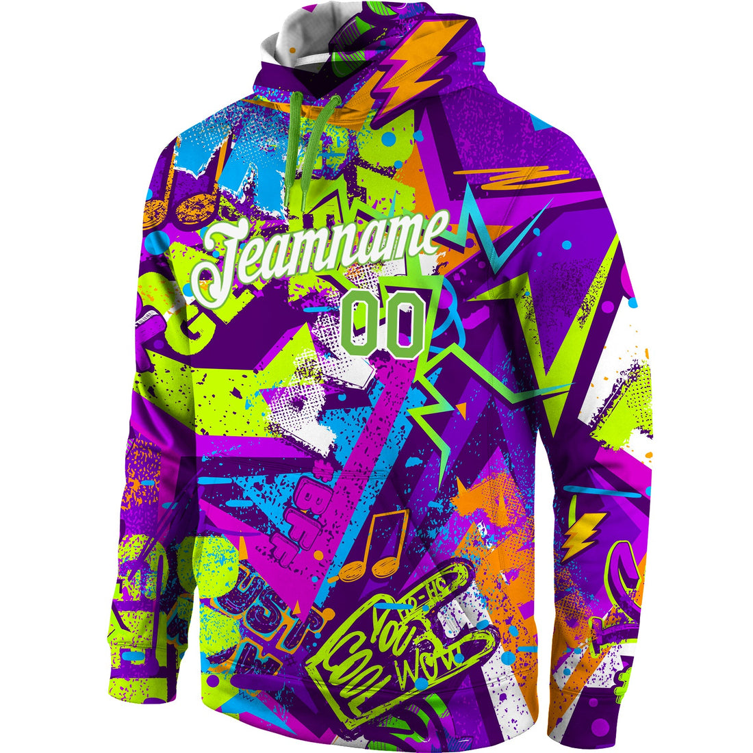 Custom Stitched Graffiti Pattern Neon Green-White 3D Sports Pullover Sweatshirt Hoodie