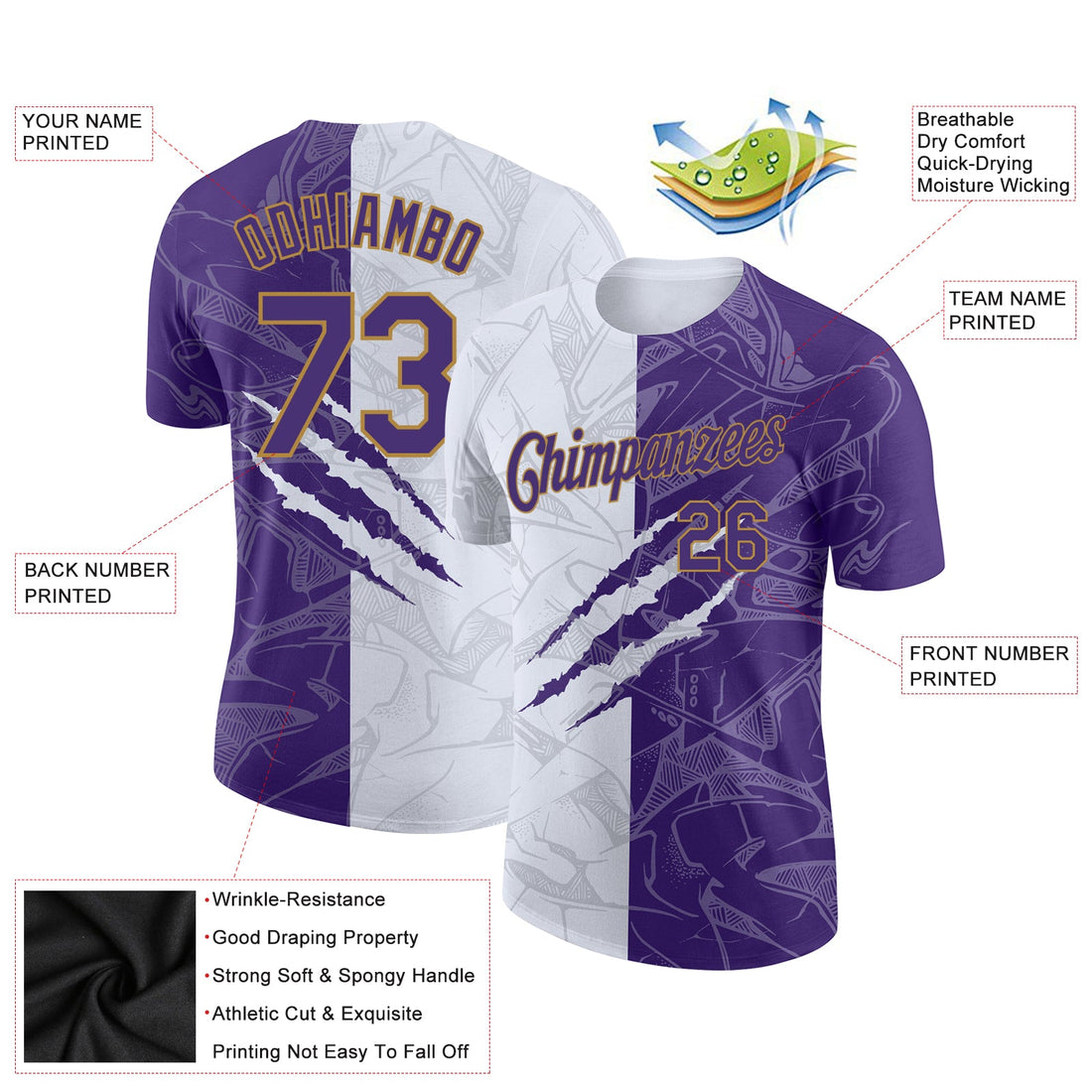 Custom Graffiti Pattern Purple-Old Gold 3D Performance T-Shirt