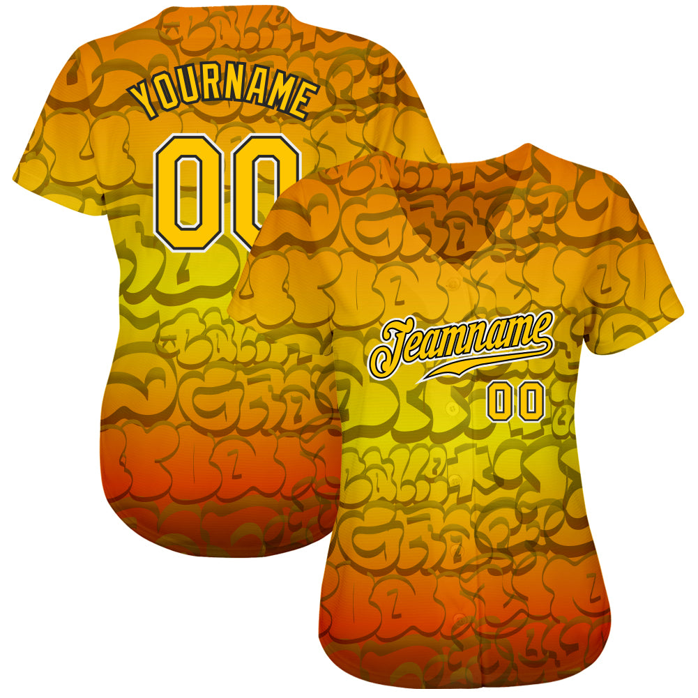 Custom Graffiti Pattern Gold-Black 3D Authentic Baseball Jersey