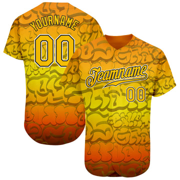 Custom Graffiti Pattern Gold-Black 3D Authentic Baseball Jersey