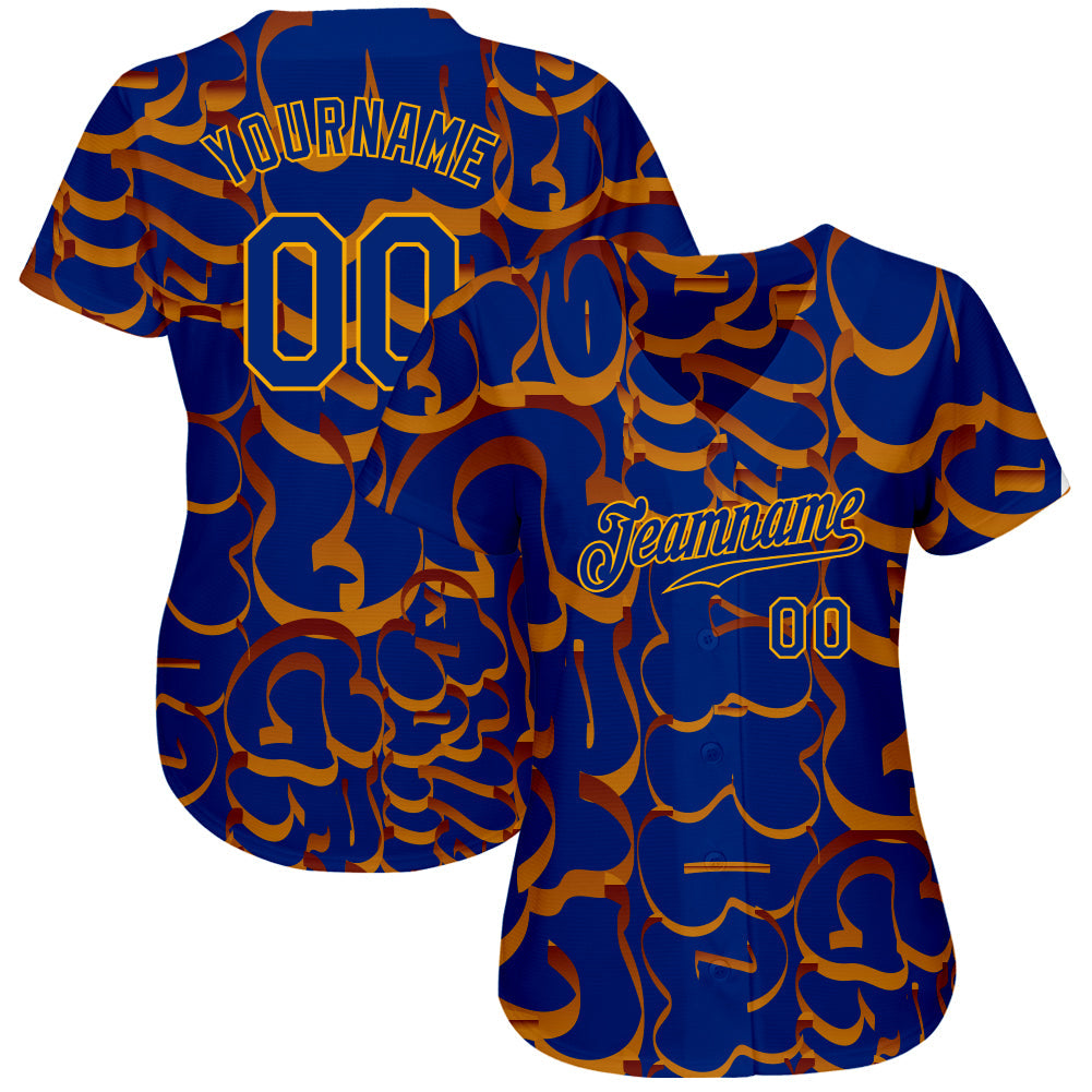 Custom Graffiti Pattern Royal-Gold 3D Authentic Baseball Jersey