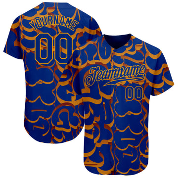 Custom Graffiti Pattern Royal-Gold 3D Authentic Baseball Jersey