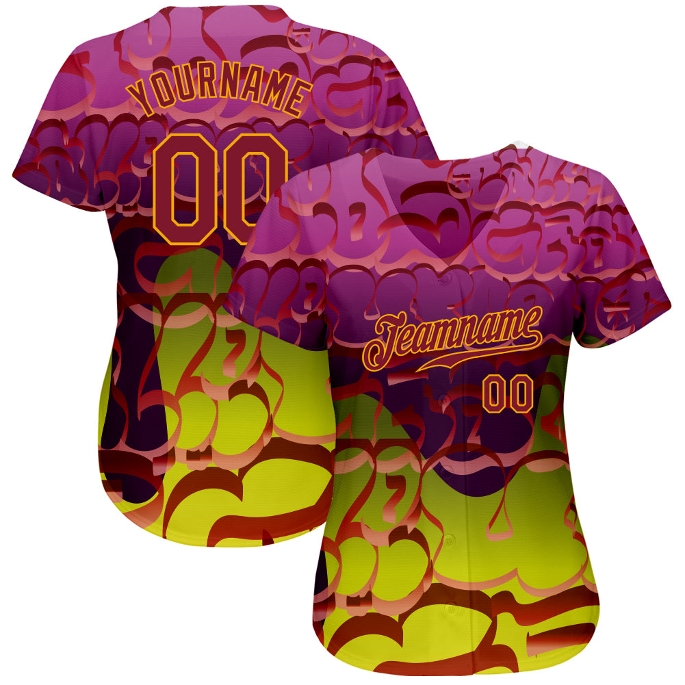 Custom Graffiti Pattern Crimson-Gold 3D Authentic Baseball Jersey