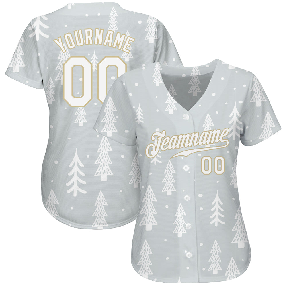 Custom Gray White-Old Gold Christmas 3D Authentic Baseball Jersey