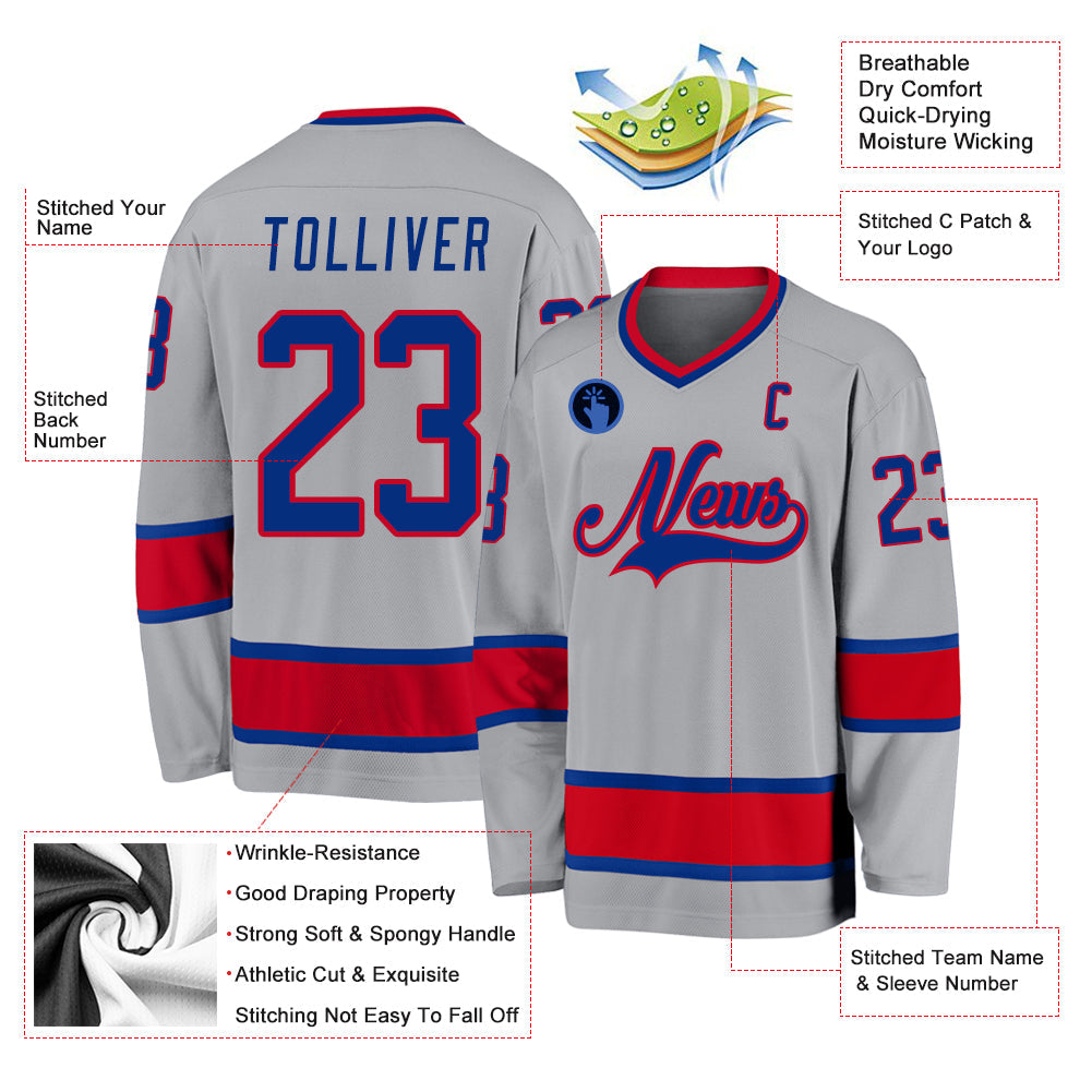 Custom Gray Royal-Red Hockey Jersey