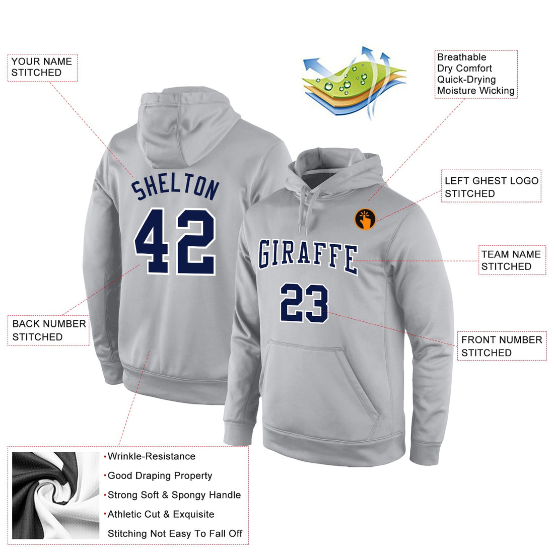 Custom Stitched Gray Navy-White Sports Pullover Sweatshirt Hoodie