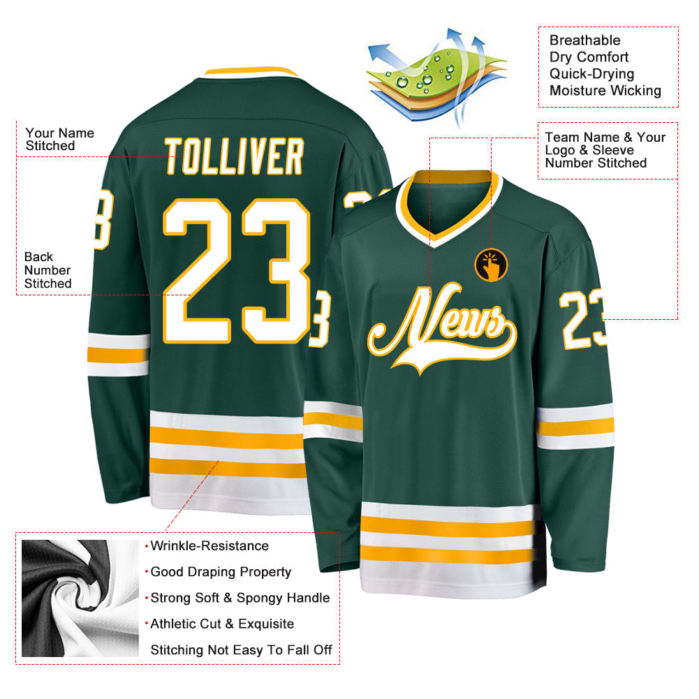 Custom Green White-Gold Hockey Jersey