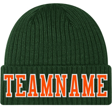 Custom Green Orange-White Stitched Cuffed Knit Hat