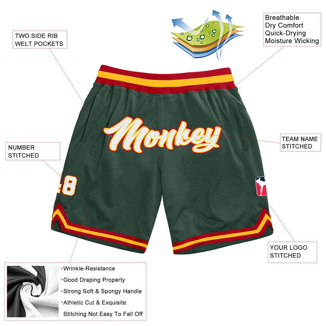 Custom Hunter Green White-Red Authentic Throwback Basketball Shorts