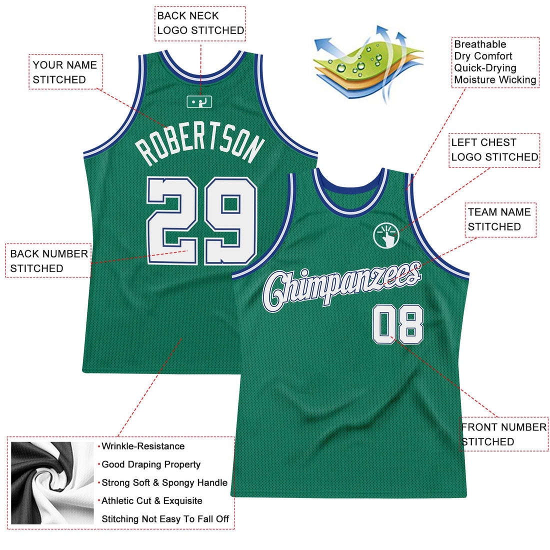 Custom Kelly Green White-Royal Authentic Throwback Basketball Jersey