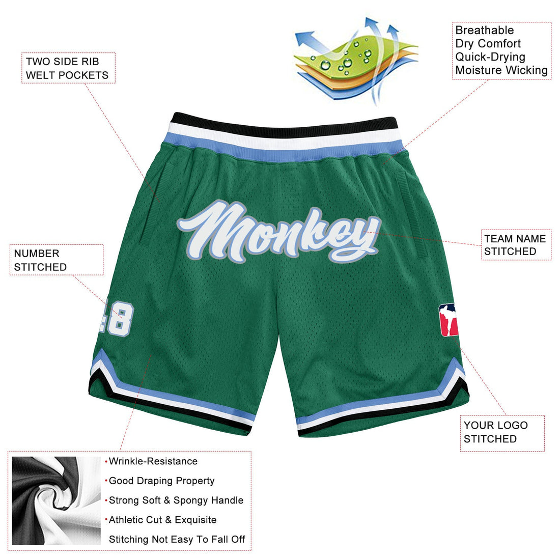 Custom Kelly Green White-Light Blue Authentic Throwback Basketball Shorts