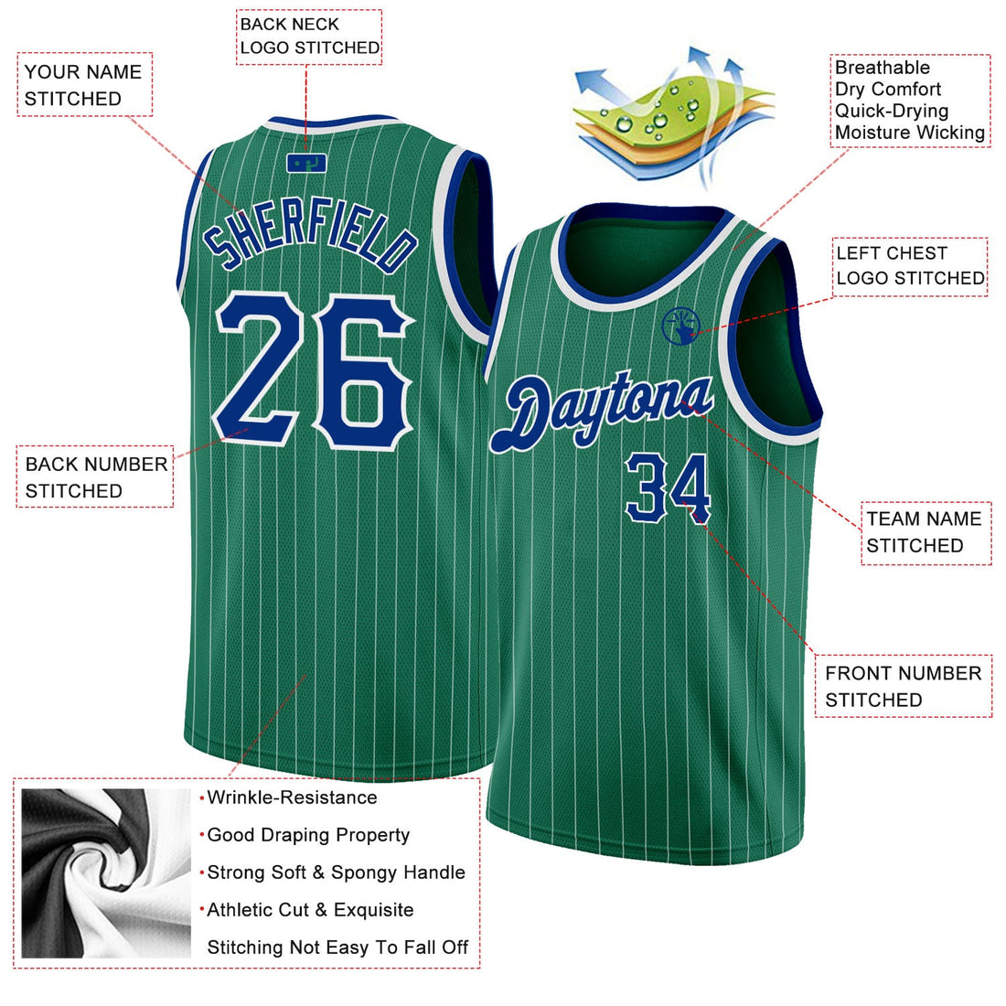 Custom Kelly Green White Pinstripe Royal-White Authentic Basketball Jersey