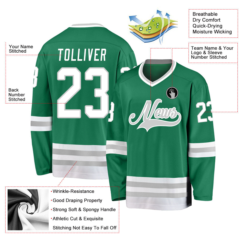 Custom Kelly Green White-Gray Hockey Jersey