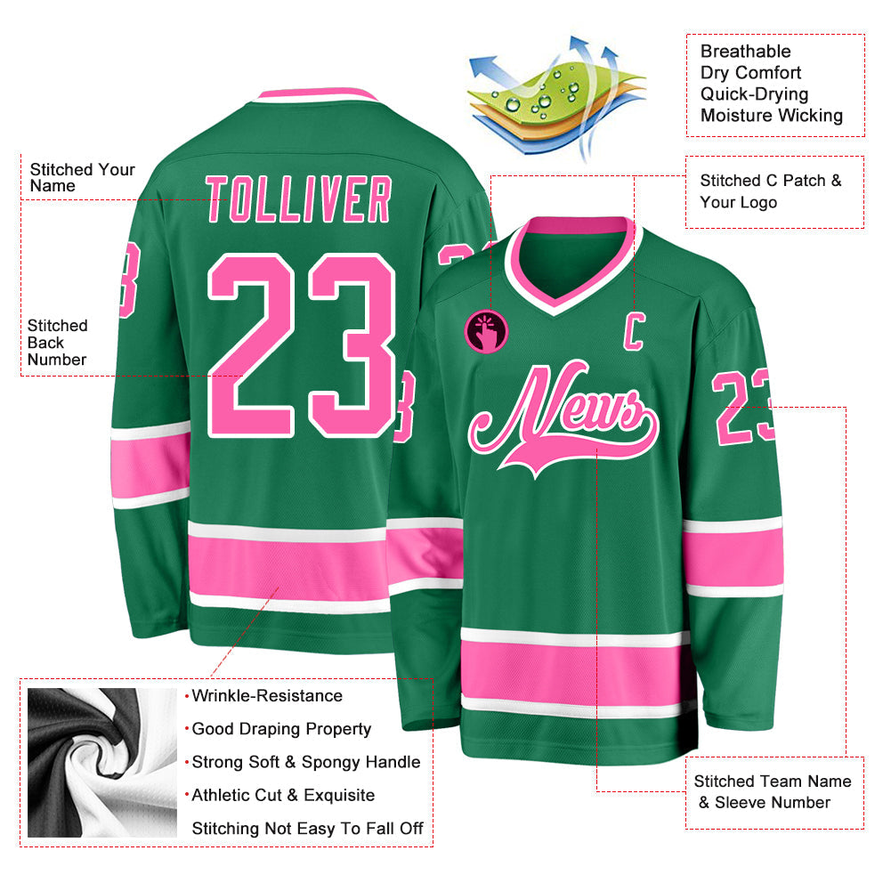 Custom Kelly Green Pink-White Hockey Jersey