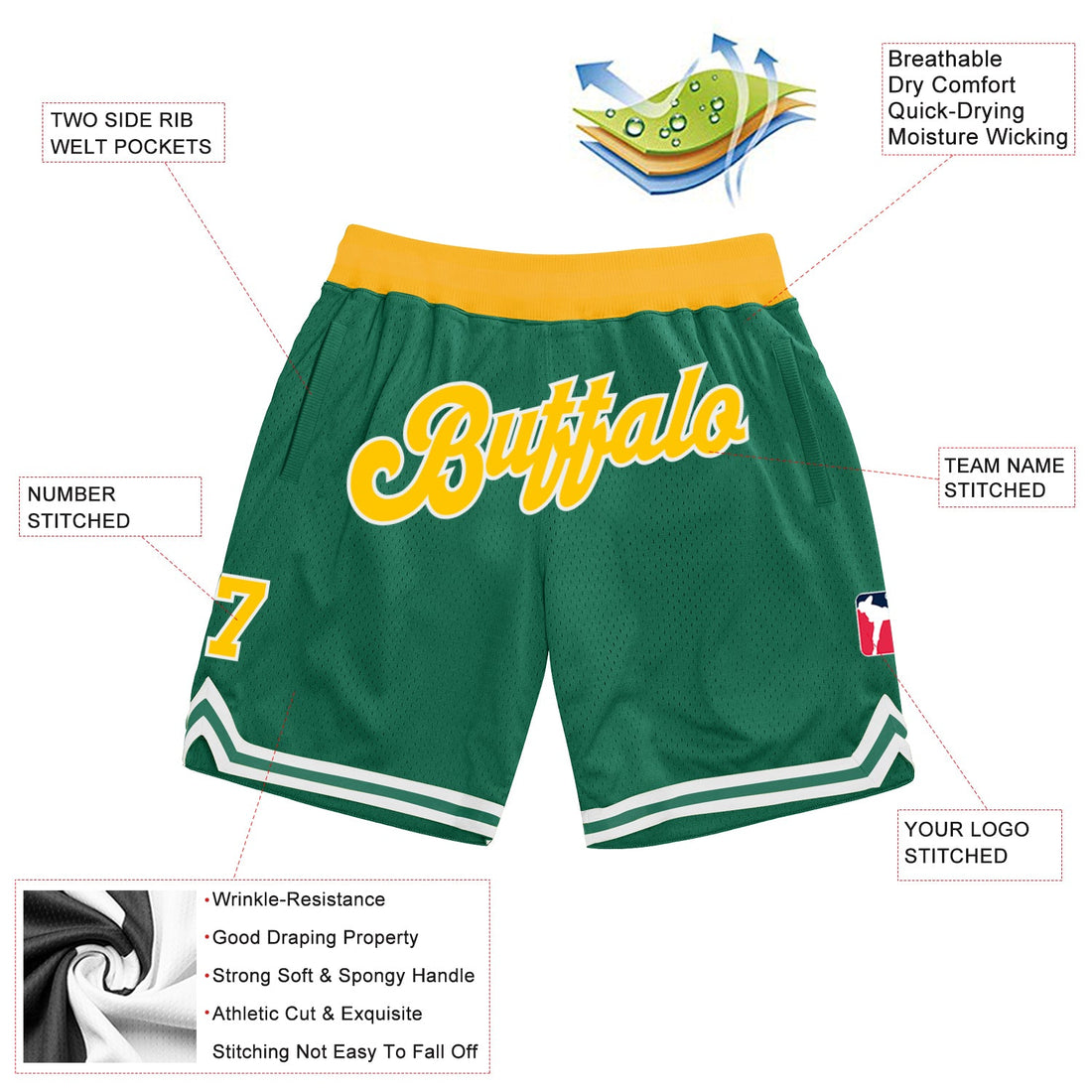 Custom Kelly Green Gold-White Authentic Throwback Basketball Shorts