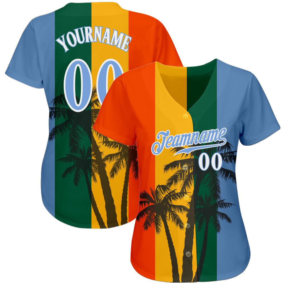 Custom Kelly Green Light Blue-White 3D Pattern Design Coconut Trees Authentic Baseball Jersey