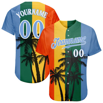 Custom Kelly Green Light Blue-White 3D Pattern Design Coconut Trees Authentic Baseball Jersey