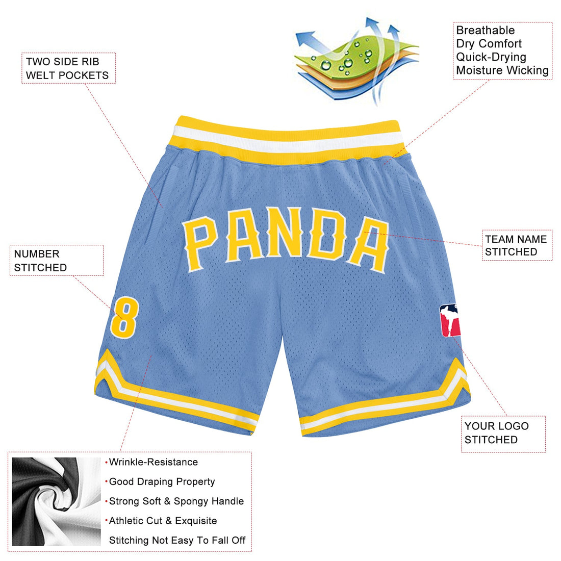 Custom Light Blue Gold-White Authentic Throwback Basketball Shorts