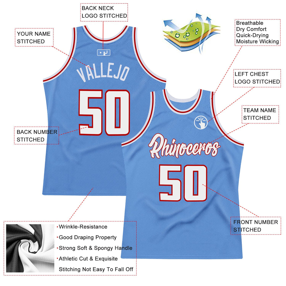 Custom Light Blue White-Red Authentic Throwback Basketball Jersey