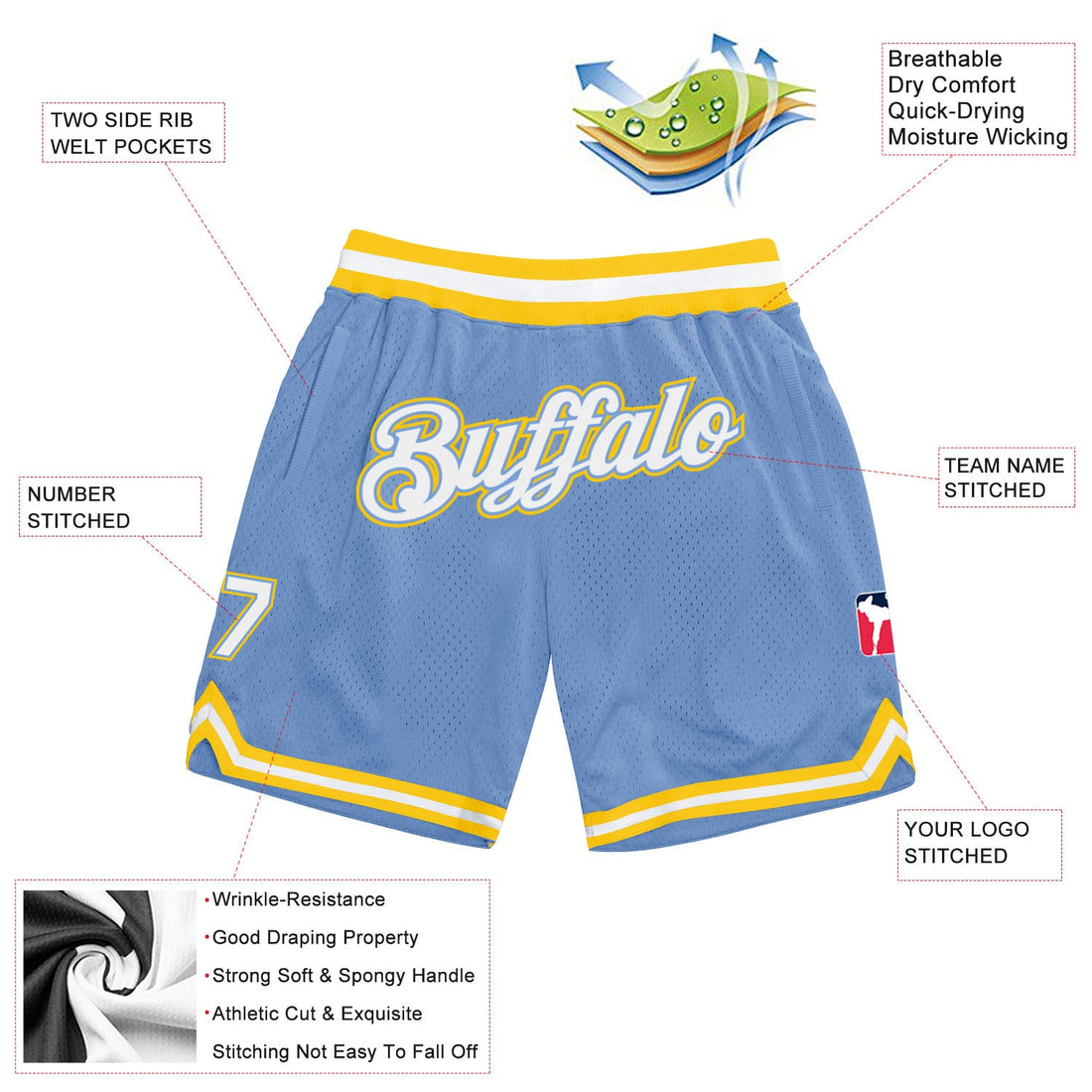 Custom Light Blue White-Gold Authentic Throwback Basketball Shorts