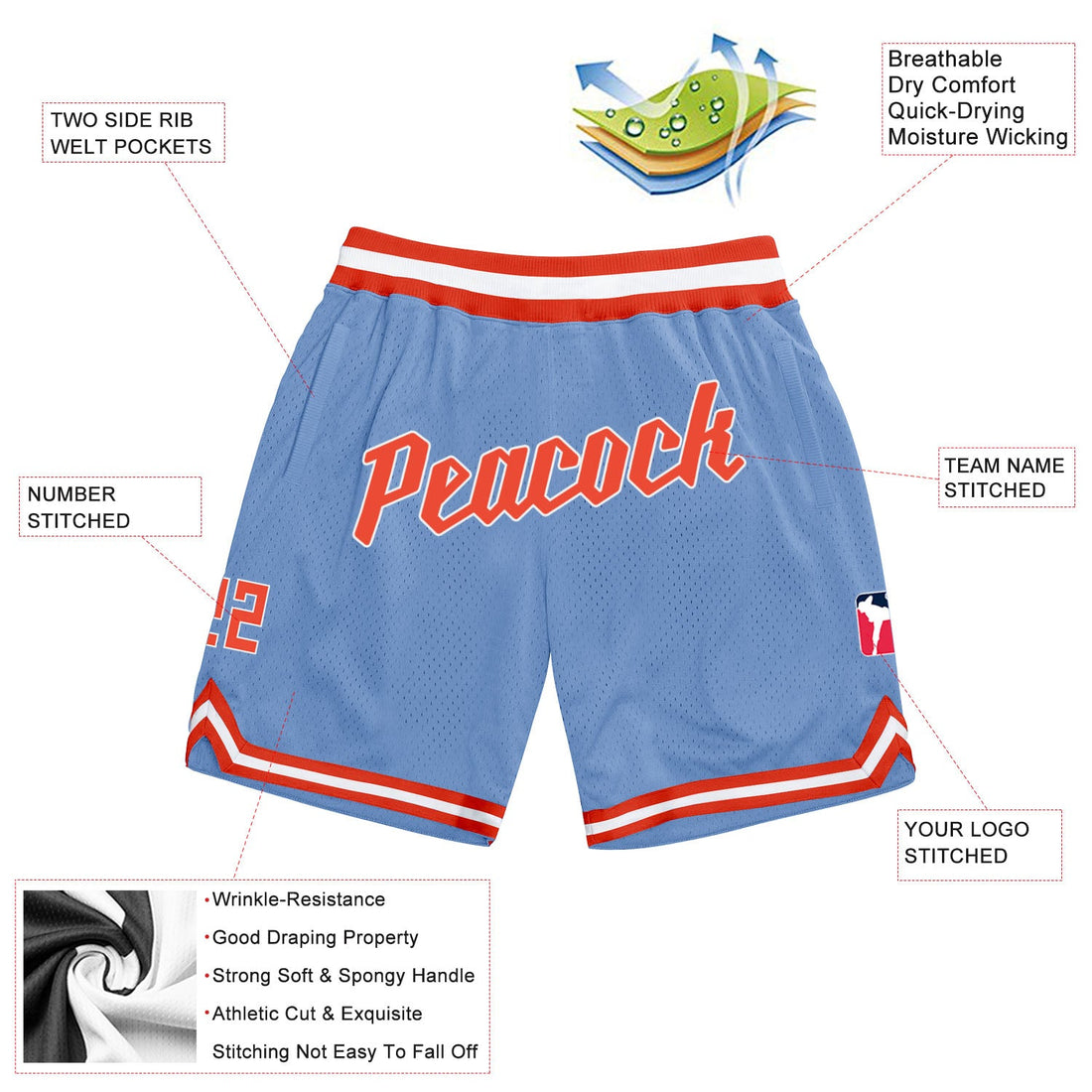 Custom Light Blue Orange-White Authentic Throwback Basketball Shorts