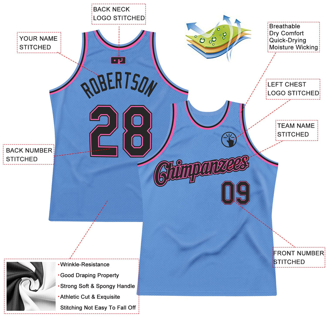 Custom Light Blue Black-Pink Authentic Throwback Basketball Jersey