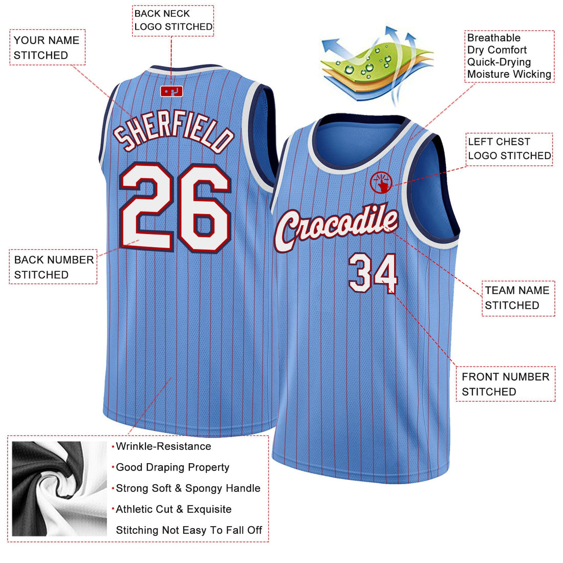 Custom Light Blue Red Pinstripe White-Navy Authentic Basketball Jersey