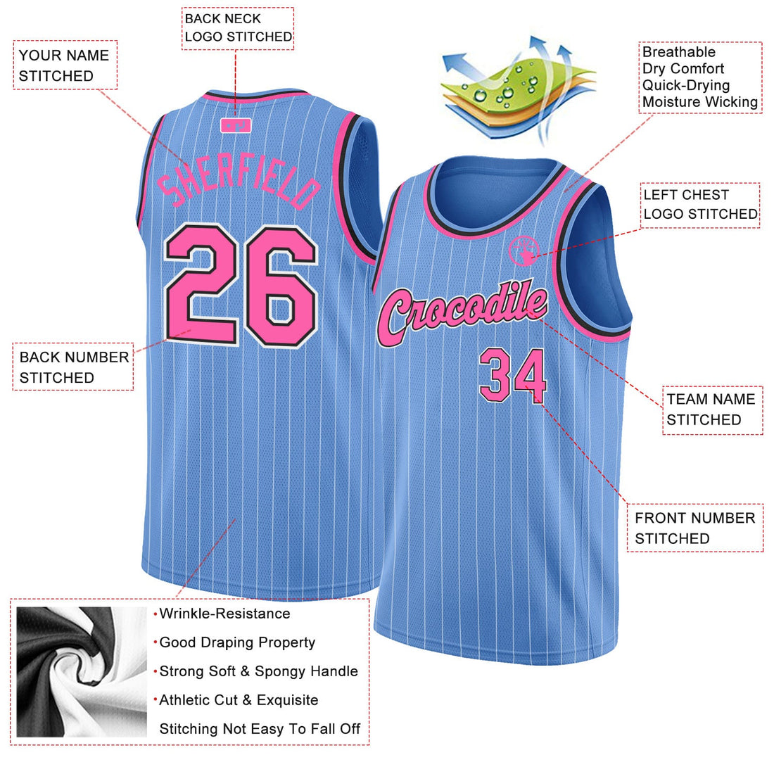 Custom Light Blue White Pinstripe Pink-Black Authentic Basketball Jersey