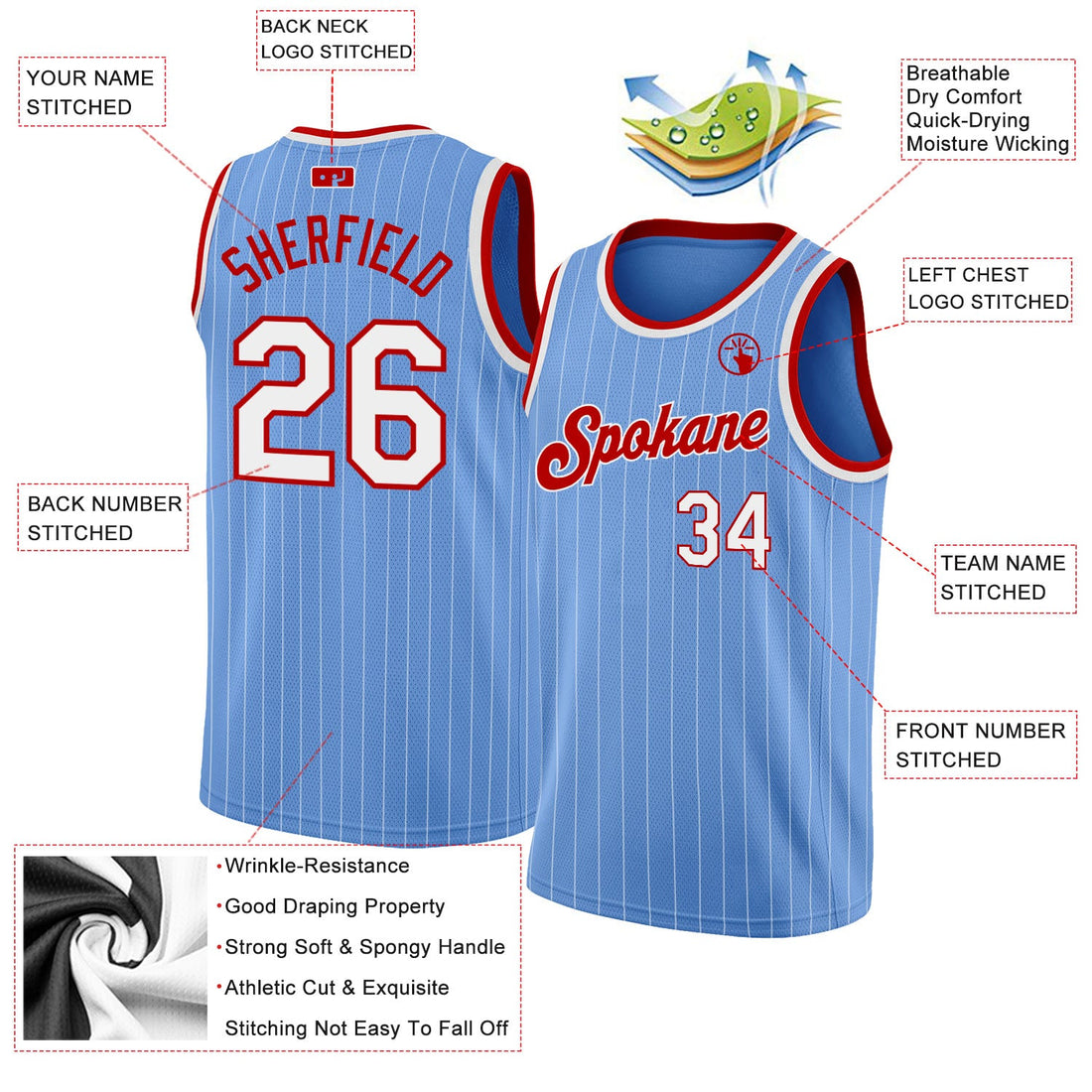 Custom Light Blue White Pinstripe White-Red Authentic Basketball Jersey