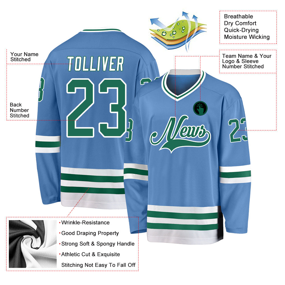 Custom Light Blue Kelly Green-White Hockey Jersey