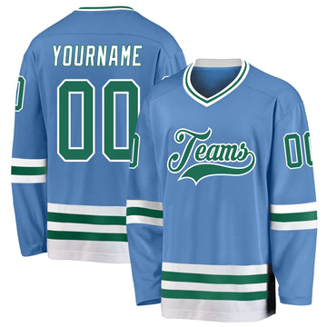 Custom Light Blue Kelly Green-White Hockey Jersey